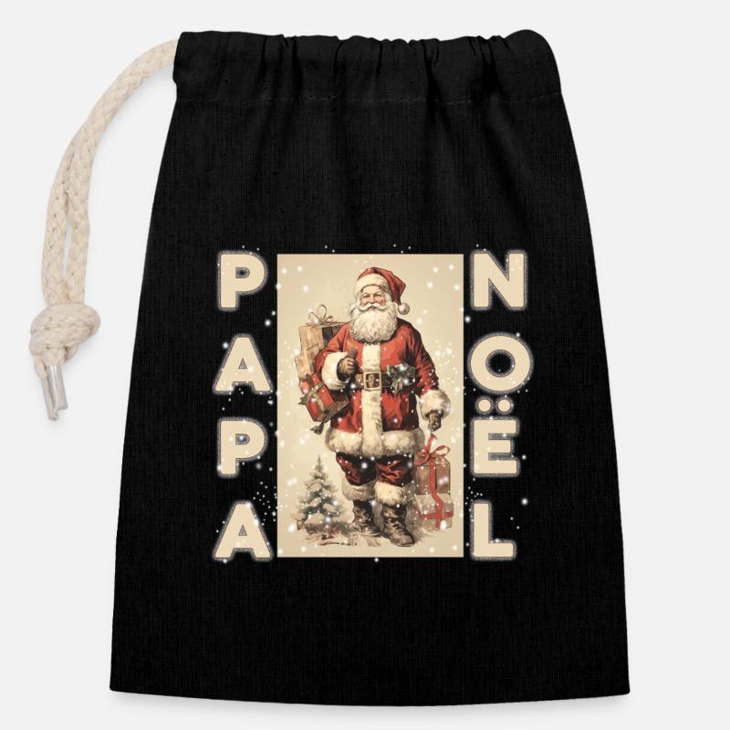 PAPA NOEL - Sac cadeau en coton avec cordon (14 x 20 cm) - noir