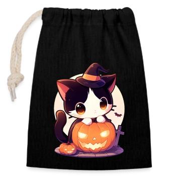 Chat mignon d’Halloween avec citrouille Kawaii Anime - Sac cadeau en coton avec cordon (14 x 20 cm) - noir - Devant