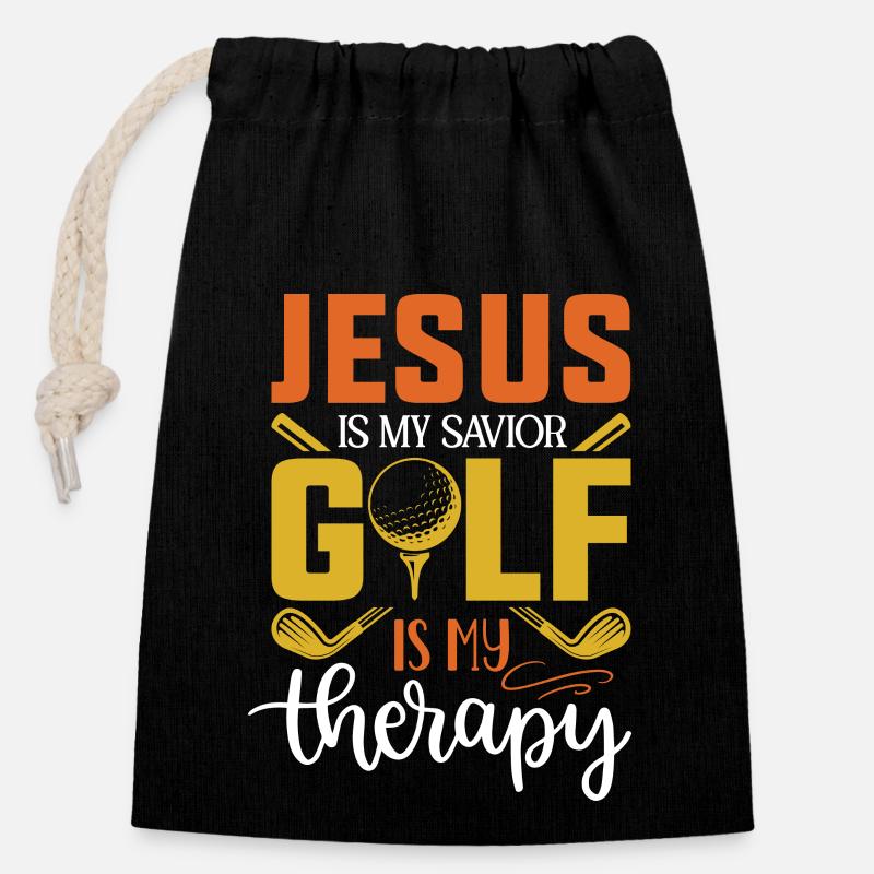 Design Jesus is my savior golf is my therapy - Sac cadeau en coton avec cordon (14 x 20 cm) - noir