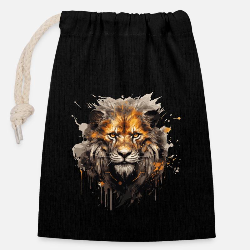 Tête de lion - Sac cadeau en coton avec cordon (14 x 20 cm) - noir