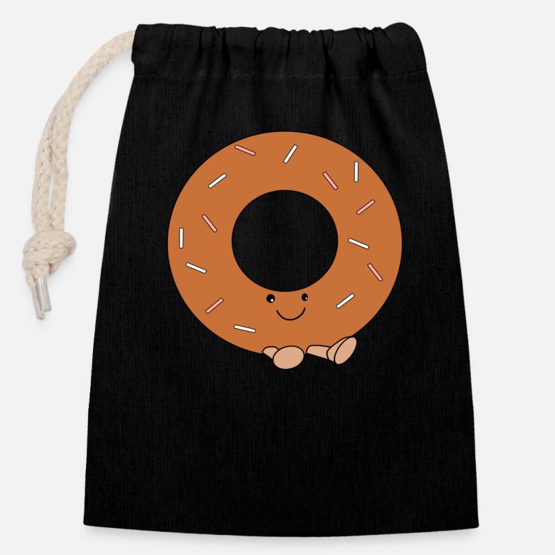Beignet de dessin animé mignon - Sac cadeau en coton avec cordon (14 x 20 cm) - noir