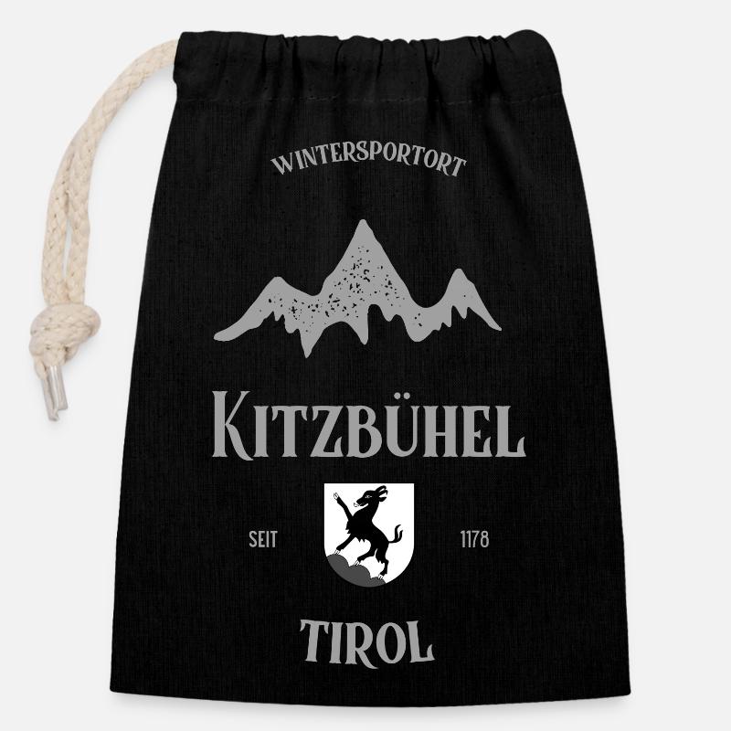 Kitzbühel - Bergmotiv - Verschließbarer Geschenkbeutel aus Baumwolle (14x20cm) - Schwarz