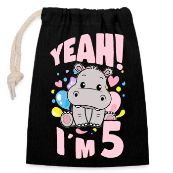 5 Years Old Bday Party 5th Birthday Girl Hippo - Closable cotton gift bag (14x20cm) - black - Front