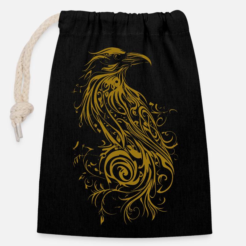 Corbeau d’or Goth - Sac cadeau en coton avec cordon (14 x 20 cm) - noir