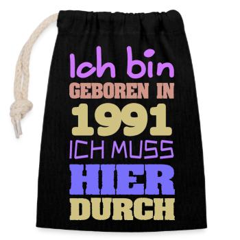 in 1991 - Closable cotton gift bag (14x20cm) - black - Front