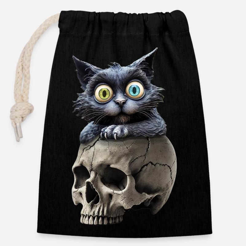 A mysterious cat, stately seated on a skull - Closable cotton gift bag (14x20cm) - black