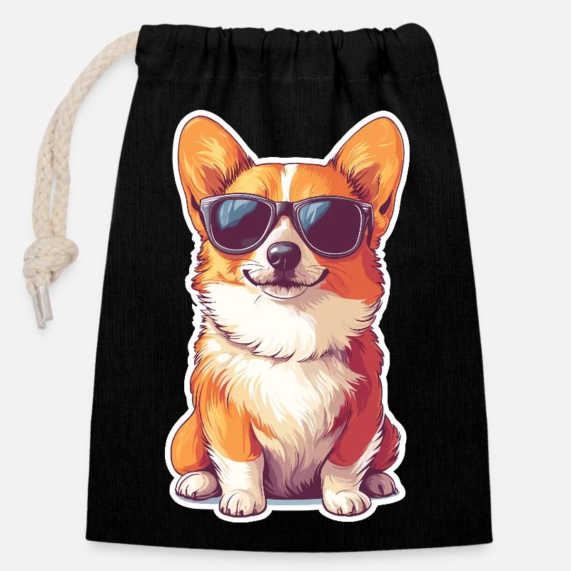 Corgi mit Sonnenbrille - Cool - Hund - Haustier - Verschließbarer Geschenkbeutel aus Baumwolle (14x20cm) - Schwarz