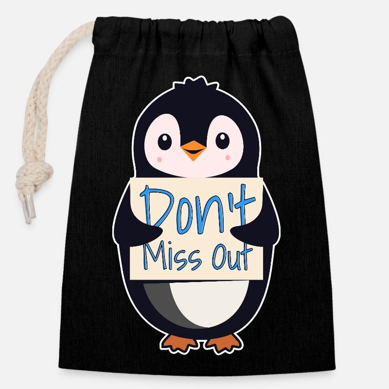 Pingouin avec un signe de motivation - Ne manquez pas quelque chose - Sac cadeau en coton avec cordon (14 x 20 cm) - noir