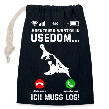 Île d’Usedom L’AVENTURE VOUS ATTEND À USEDOM DOIT PARTIR - Sac cadeau en coton avec cordon (14 x 20 cm) - bleu marine - Devant