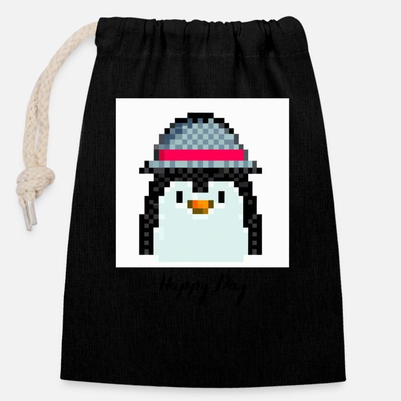 Happy day pingouin - Sac cadeau en coton avec cordon (14 x 20 cm) - noir
