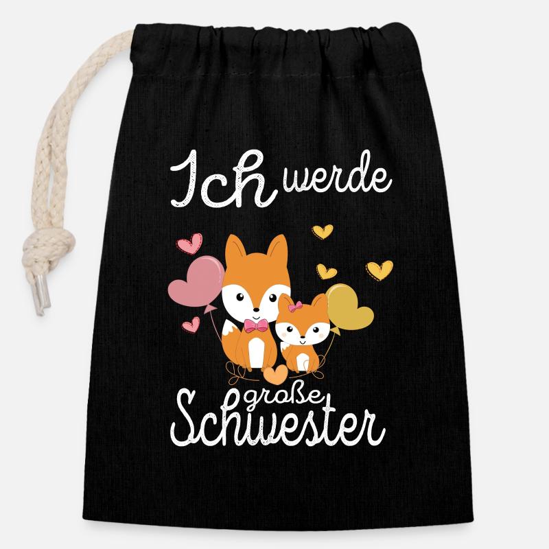 Große schwester - Ich werde - süße Füchse - Verschließbarer Geschenkbeutel aus Baumwolle (14x20cm) - Schwarz