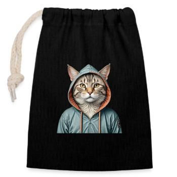 Chat portant une veste - Sac cadeau en coton avec cordon (14 x 20 cm) - noir - Devant