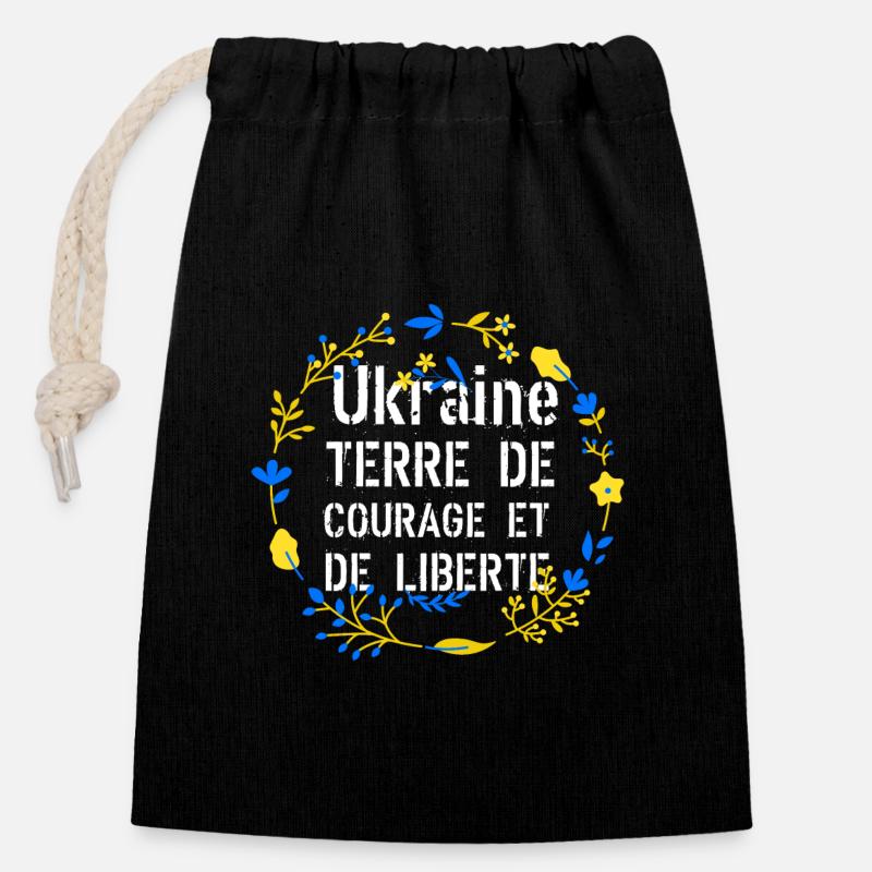 Ukraine terre de courage et de liberté - Sac cadeau en coton avec cordon (14 x 20 cm) - noir
