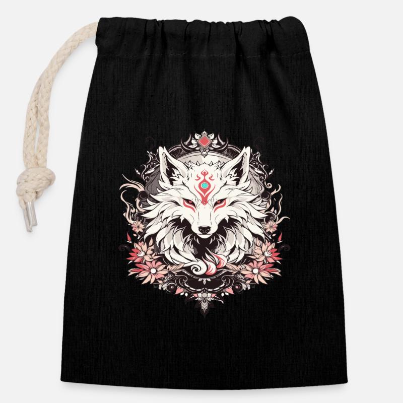 Un loup style tatouage avec des fleurs - Sac cadeau en coton avec cordon (14 x 20 cm) - noir