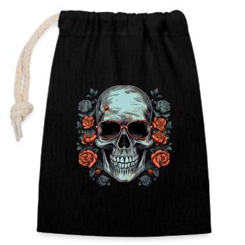 Cooler Hipster Totenkopf mit Brille und Rosen - Verschließbarer Geschenkbeutel aus Baumwolle (14x20cm) - Schwarz - Vorne