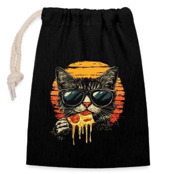 Chat en lunettes de soleil mangeant de la pizza vintage - Sac cadeau en coton avec cordon (14 x 20 cm) - noir - Devant