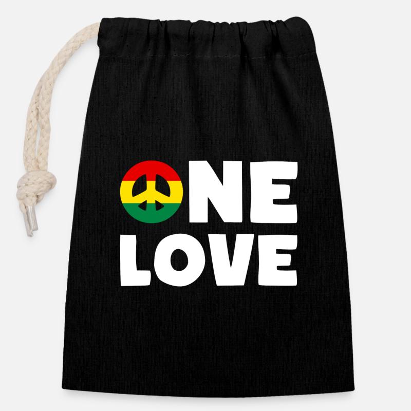 ONE LOVE Peace Jamaica Reggae Rastafari - Sac cadeau en coton avec cordon (14 x 20 cm) - noir