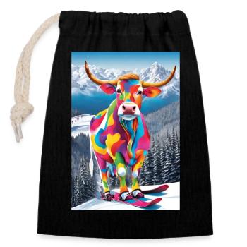 Vache dans la station de ski - Sac cadeau en coton avec cordon (14 x 20 cm) - noir - Devant