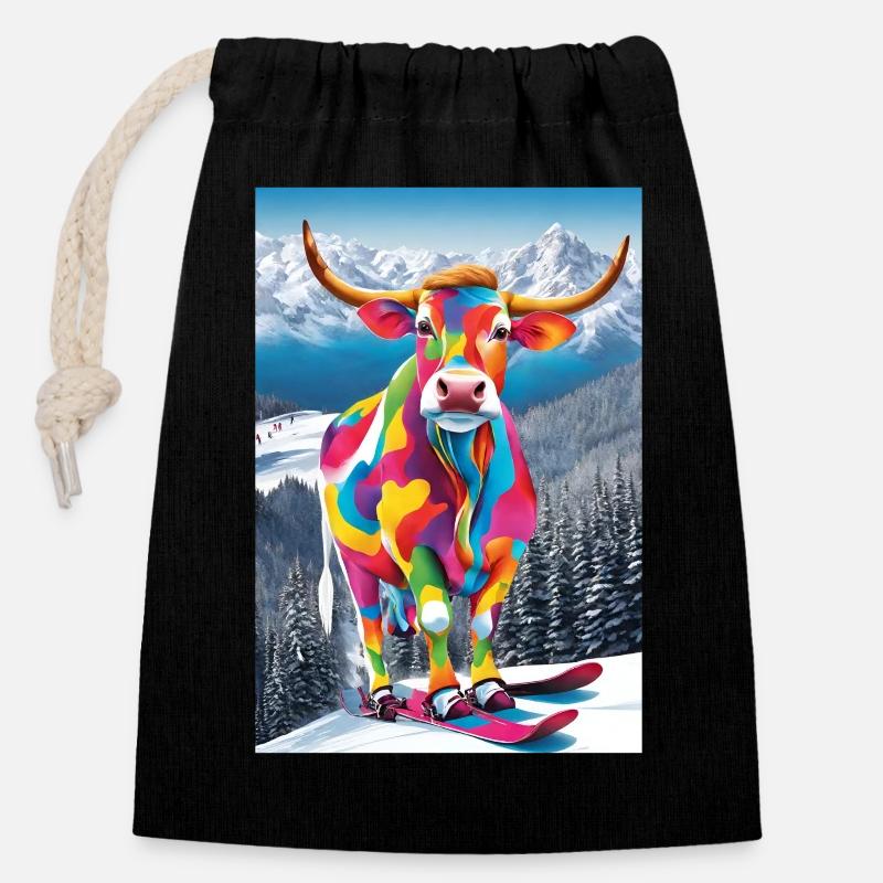 Vache dans la station de ski - Sac cadeau en coton avec cordon (14 x 20 cm) - noir