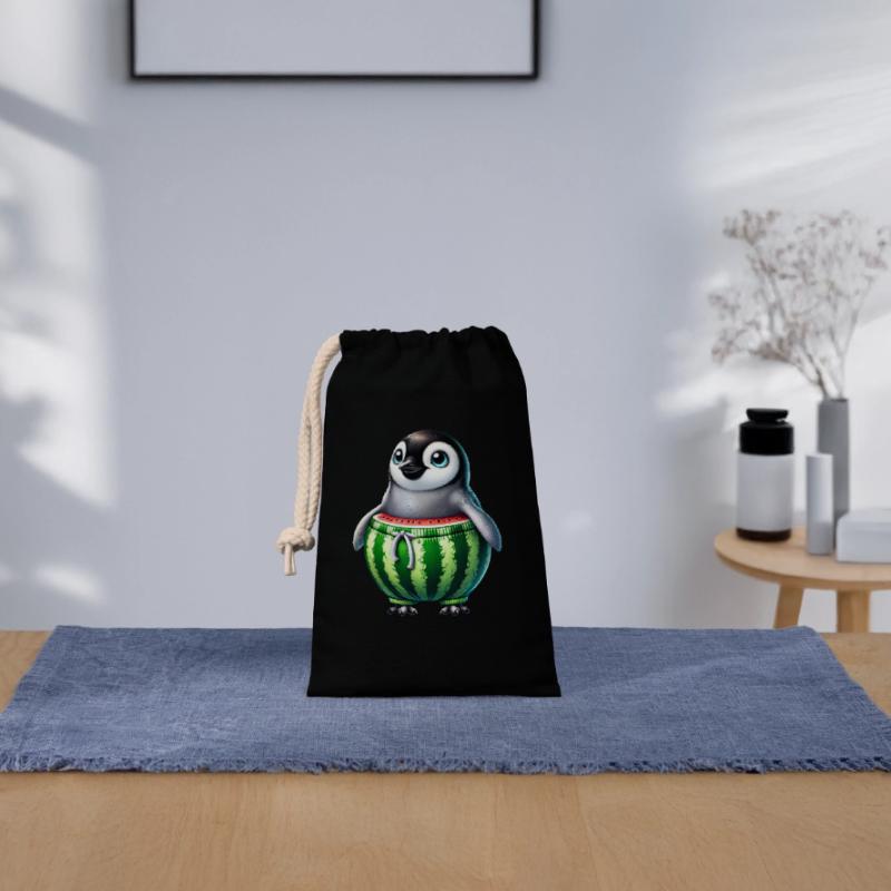 Pingouin drôle avec melon melon fruit de pastèque Sac cadeau en coton avec cordon (14 x 20 cm)