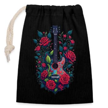 Gitarre&Rosen Illustration - Verschließbarer Geschenkbeutel aus Baumwolle (14x20cm) - Schwarz - Vorne