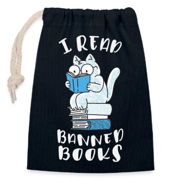 J’ai lu des livres interdits Cat - Sac cadeau en coton avec cordon (14 x 20 cm) - bleu marine - Devant