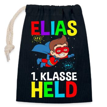 Schoolchild Elias 1st Grade Hero - Closable cotton gift bag (14x20cm) - navy - Front