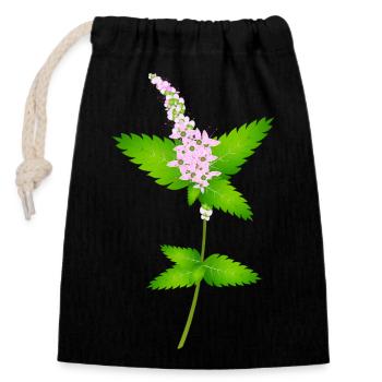 Minze mit Blüten – Naturmotiv für Kräuterliebhaber - Verschließbarer Geschenkbeutel aus Baumwolle (14x20cm) - Schwarz - Vorne