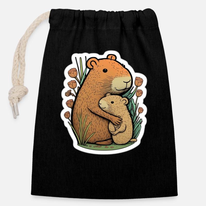 Câlins Capybara - Sac cadeau en coton avec cordon (14 x 20 cm) - noir