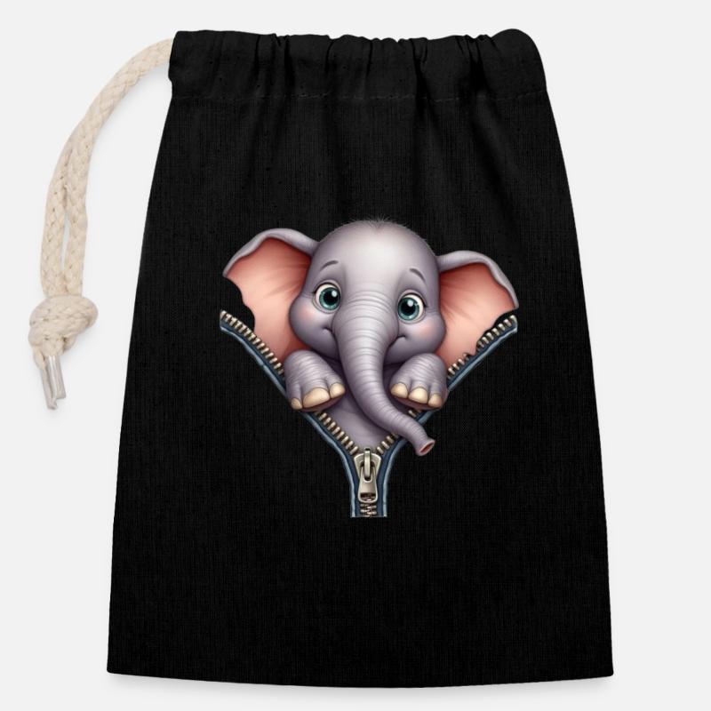 Eléphant avec fermeture éclair - Sac cadeau en coton avec cordon (14 x 20 cm) - noir