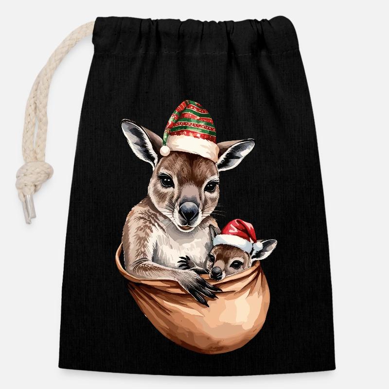 Kangourous de Noël - Sac cadeau en coton avec cordon (14 x 20 cm) - noir