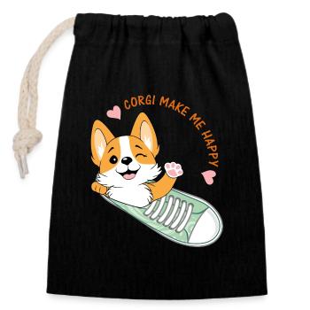 Karikaturhafter Begrüßungs-Corgi - Verschließbarer Geschenkbeutel aus Baumwolle (14x20cm) - Schwarz - Vorne