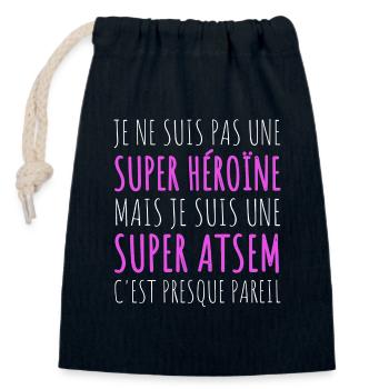 Atsem super-héroïne humour atsem cadeau - Sac cadeau en coton avec cordon (14 x 20 cm) - bleu marine - Devant