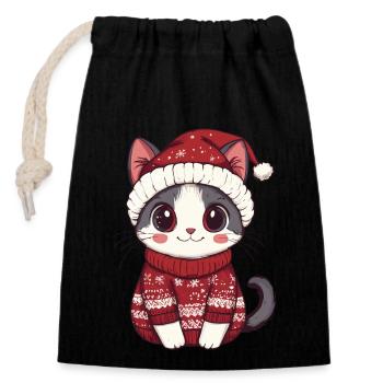Noël chat - Sac cadeau en coton avec cordon (14 x 20 cm) - noir - Devant
