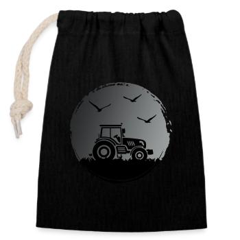 Tractor Tractor driver "Harvest in the moonlight" - Closable cotton gift bag (14x20cm) - black - Front