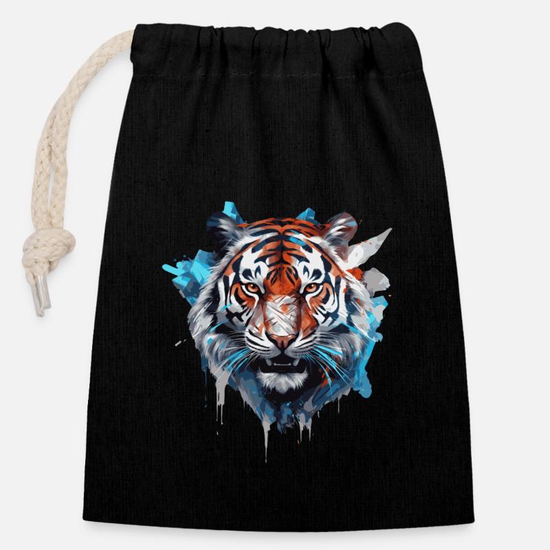 Tête de tigre - Sac cadeau en coton avec cordon (14 x 20 cm) - noir