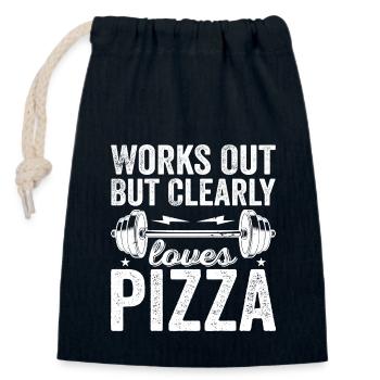 Works Out But Clearly Loves Pizza | I Love Pizza - Closable cotton gift bag (14x20cm) - navy - Front