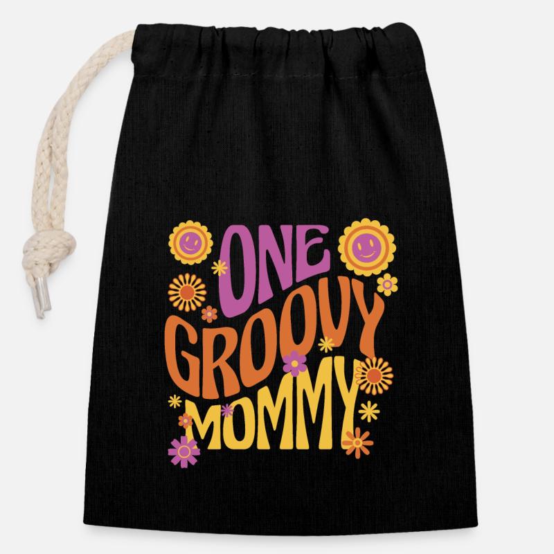 Une maman groovy, une maman géniale - Sac cadeau en coton avec cordon (14 x 20 cm) - noir