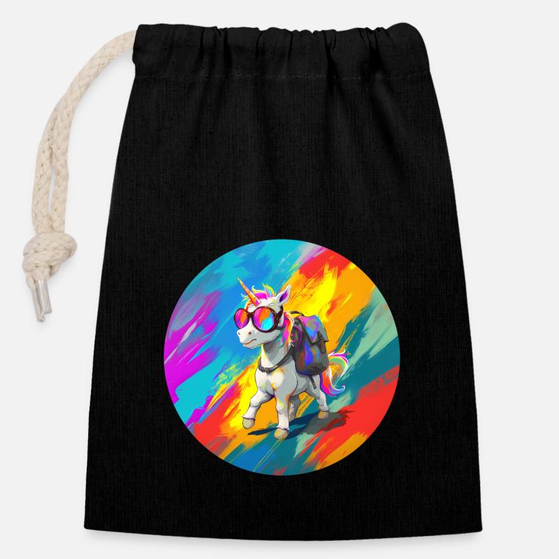 Licorne errante - Sac cadeau en coton avec cordon (14 x 20 cm) - noir