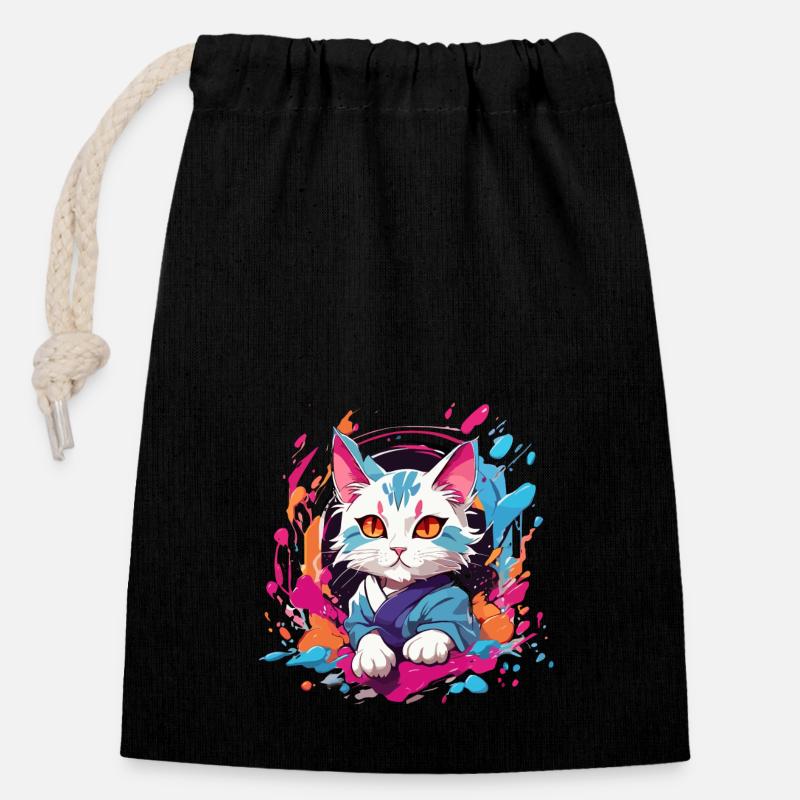 chat coloré - Sac cadeau en coton avec cordon (14 x 20 cm) - noir