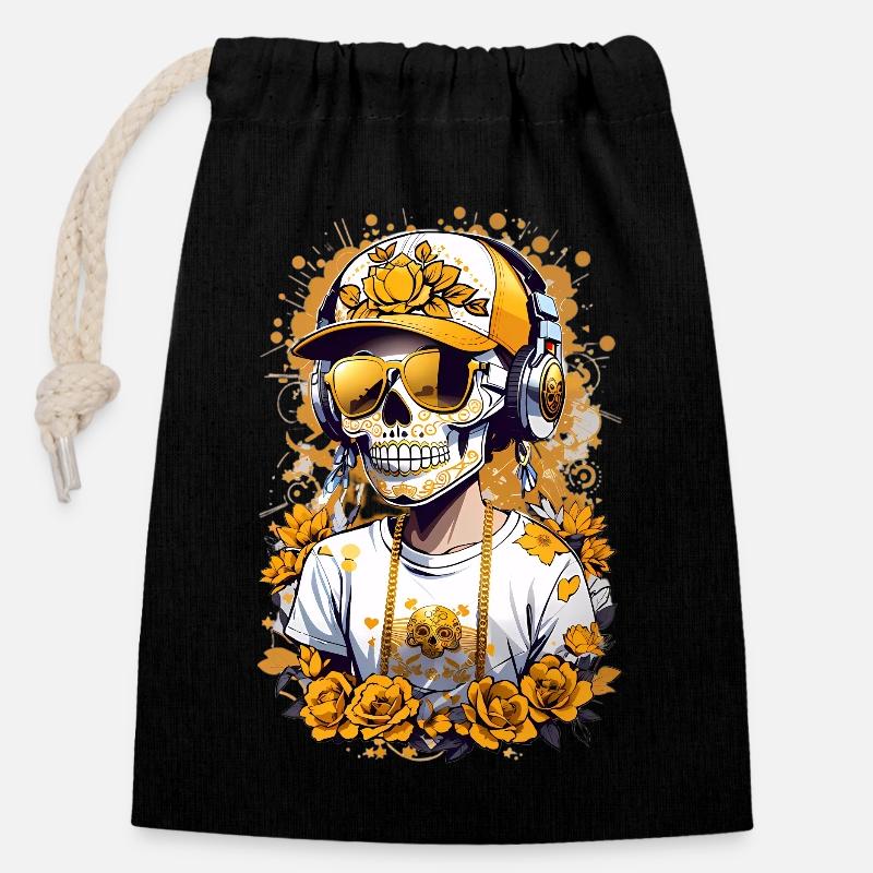 Crâne de sucre - Sac cadeau en coton avec cordon (14 x 20 cm) - noir