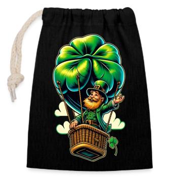 Ballonfahrender Leprechaun (Irischer Kobold) - Verschließbarer Geschenkbeutel aus Baumwolle (14x20cm) - Schwarz - Vorne