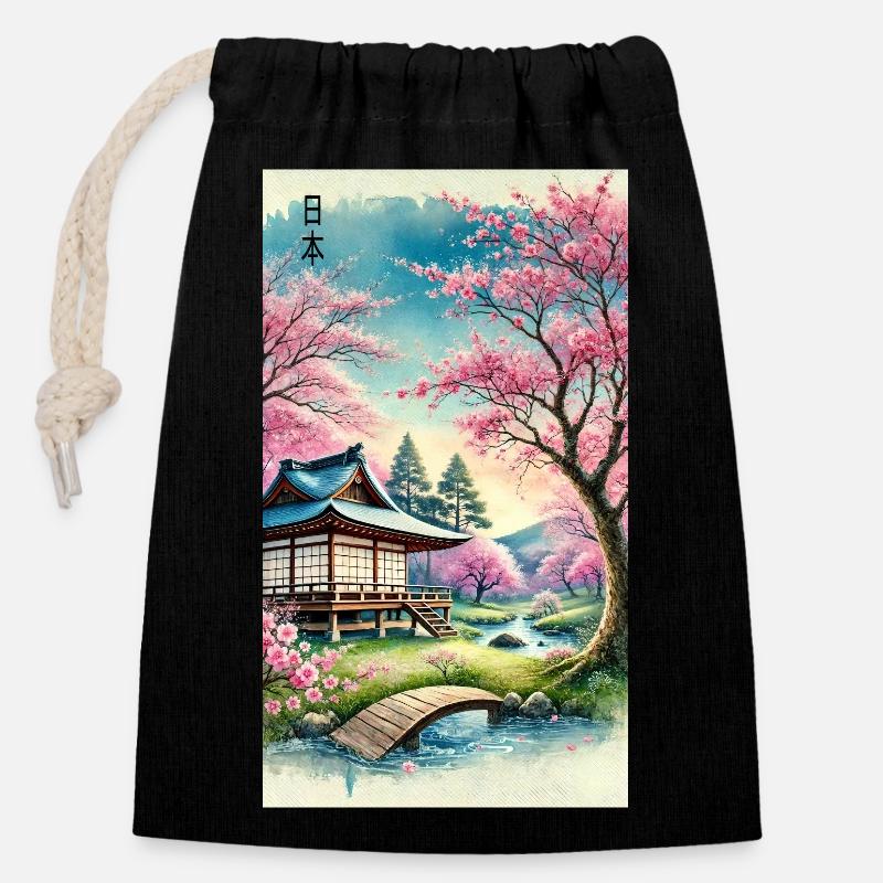 Japan Kirchenblüten Otaku Design - Verschließbarer Geschenkbeutel aus Baumwolle (14x20cm) - Schwarz