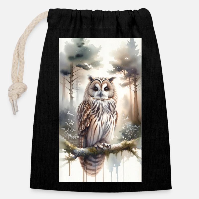 Owl in watercolor - Closable cotton gift bag (14x20cm) - black