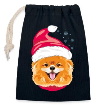 Chien de Poméranie heureux au chapeau du Père Noël - Sac cadeau en coton avec cordon (14 x 20 cm) - bleu marine - Devant