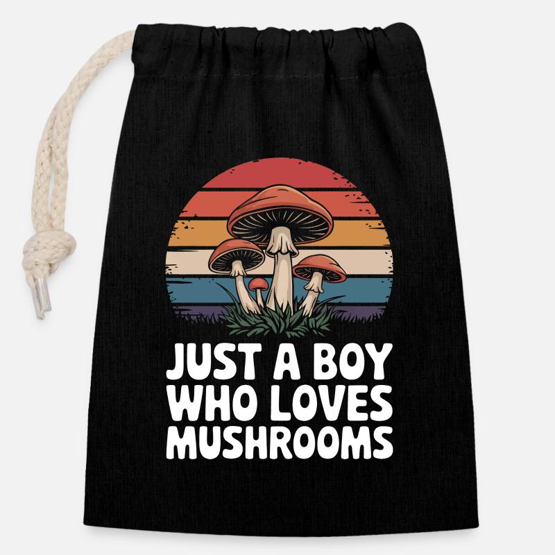 Champignons Champignons Champignon Champignon - Sac cadeau en coton avec cordon (14 x 20 cm) - noir