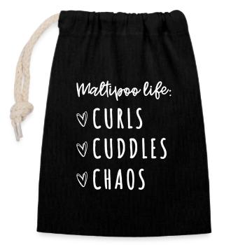 Chemise de vie Maltipoo – Boucles, câlins, chaos - Sac cadeau en coton avec cordon (14 x 20 cm) - noir - Devant