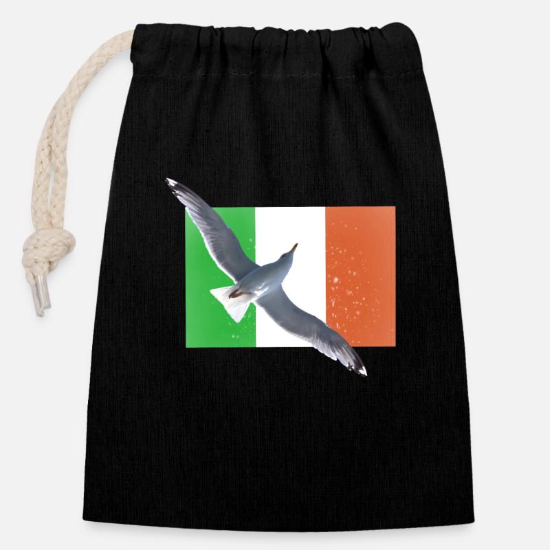 Irlande Irlande Mouette - Sac cadeau en coton avec cordon (14 x 20 cm) - noir