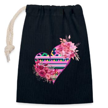 coeur paj ntaub hmong lees rose et fleur - Sac cadeau en coton avec cordon (14 x 20 cm) - bleu marine - Devant