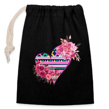 coeur paj ntaub hmong lees rose et fleur - Sac cadeau en coton avec cordon (14 x 20 cm) - noir - Devant